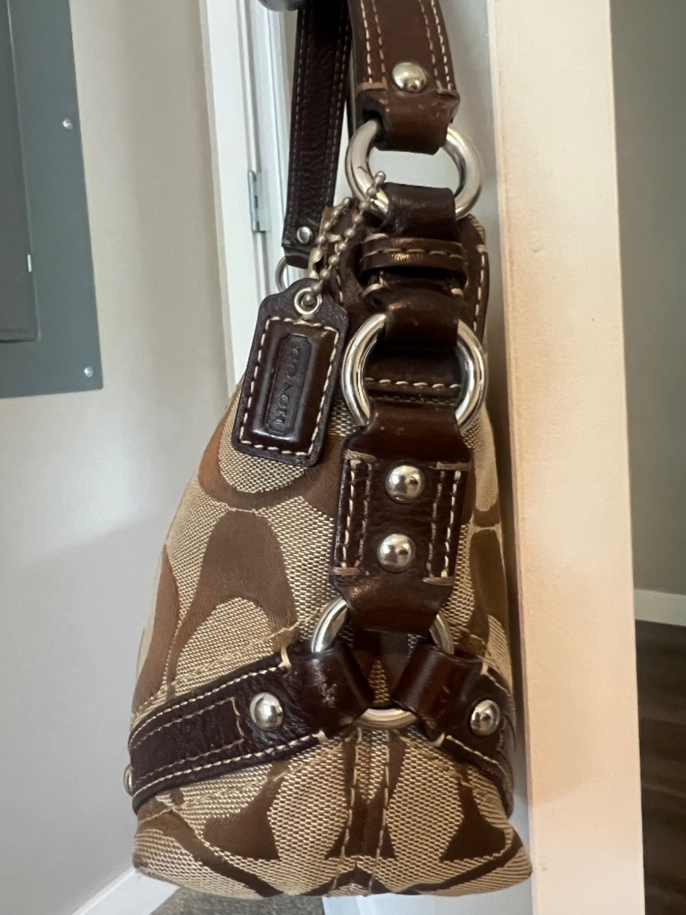 Coach Vintage Y2K Mini Carly Signature Jacquard Brown Leather Trim Shoulder Bag - Picture 7 of 10